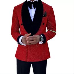 New Glitter Red Sequins Mens Tuxedos Groom Wear Wedding Blazer Suits Formal Business Prom Pants Coat Jacket 3 Pieces256m