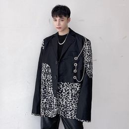 Men's Suits Men Leopard Splice Iron Chain Casual Loose Suit Blazer Jacket Male Streetwear Hip Hop Coat Stage Fashion Show Clothing