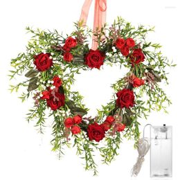 Decorative Flowers 16 Inch Artificial Rose Wreath For Front Door Valentines Mother's Day With Green Leaves LED Light Wall Decor Dropship