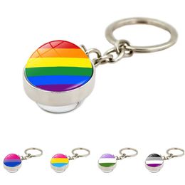 Fashion Rainbow Gay Time Gem Keychain Pendant Double-Sided Crystal Glass Ball Metal Keyring Bag Pendant Gfit