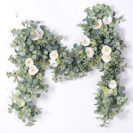 Decorative Flowers 2M Artificial Eucalyptus Garland With White Roses Vine Greenery Plants For Wedding Room Wall Party Decor