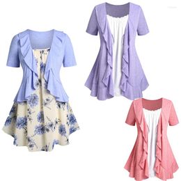 Women's T Shirts Flounced T-Shirts For Women 5X Fashion Floral Print Flowy Camisole And Ruffled Tops Set   2 In 1 Faux Twinset Tees