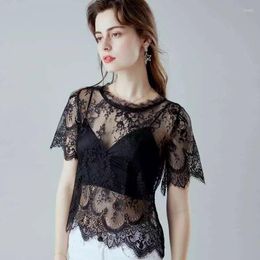 Women's Blouses Black White Summer Women Sexy Floral Lace Slim Shirts Ladies Elegant Casual Short Sleeve Tee Tops Blusas Blouse