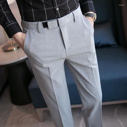 Men's Suits Gentleman Elegant Grey Dress Pants Mens British Style Slim Fit Social Party Grey Capris Wedding Trousers Stretch 36