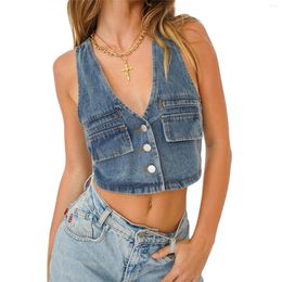 Women's Tanks Women Clothing Street Camisole Sleeveless V-Neck Denim Buttons Slimming Waistcoat Casual Party Blue Vest