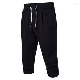 Men's Pants Men's Casual Men Straight Calf-Length Mid Waist Drawstring Pleated Solid Colour Man Trousers Elastic D30