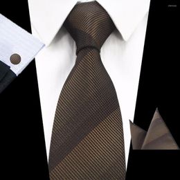Bow Ties GUSLESON Brand Silk Plaid Tie Set 8cm Brown Gray Necktie Gravata Pocket Square Handkerchief Cufflinks Suit For Wedding
