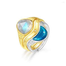 Cluster Rings ALLNOEL Stackable Resizable For Women 925 Sterling Silver Blue Enamel Labradorite Gold Plated Fine Jewelry Bridal Gifts