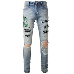 Blue Fall Animal Snake Embroidery Patchwork Jeans Hombre Motorcycle Pants Streetwear Ripped Jean Noir Homme Zipper Jean For Men