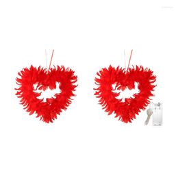 Decorative Flowers Y8AB Heart Shaped Wreath With LED Light Double Sided Natural Feathers For Door