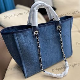 Womens Deauville Chain Canvas Shopping Bags Blue Large Capacity Luxury Designer Outdoor Travel Casual Versatil Holiday Handbags 36X5X29CM
