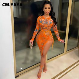 Two Piece Dress CMYAYA Mesh Letter Women Two 2 Piece Set Winter Fall Long Sleeve Bodysuit and Tie Up Side Slit Skirts Suit Beach Outfits J230506