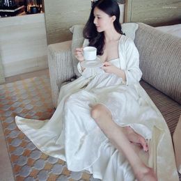 Women's Sleepwear Fashion Women Silk Night Robes White Jacquard Pyjama Sets Spring Autumn Long Satin Nightdress Two-piece Nightwear