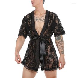 Men's Sleepwear Men's Nightgown Set Sexy Lace Transparent Bathrobe Home Suit Bath Robe Perspective Temptation De Chambre G4