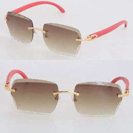 New Design Model Frameless Sunglasses Woman 3524012 Luxury Wood Sunglass Womens Carved lens Adumbral Red Wooden Rimless Glasses Diamond Cut 3.0 Thicknes Lens Size 60