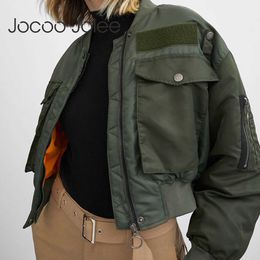 Women's Down Parkas Jocoo Jolee Winter Thicken Bomber Jacket Women Zipper Cropped Coat Long Sleeve Oversized Outwear Vintage Puffer Jackets Parkas T221011
