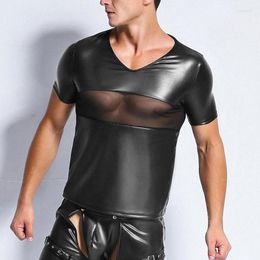 Men's T Shirts Wetlook Mens Shirt Patent Leather Tshirts Sexy Men Fashion Tees Tight Mesh Patchwork Funny Undershirts Gay Fitness Tops