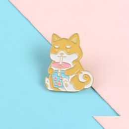 Pins Brooches Dog Animal Enamel Pin Brooches For Women Cute Akita Badge Drinking Milk Tea Cartoon Lapel Clothes Backpack Jewelry Gi Dhqcy