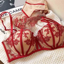 Bras Sets Embroidered sexy lace lingerie soft steel ring thin half-cup bralette big size underwear suits bras women push up lingerie panty T220907