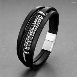 Link Bracelets European And American Vikings Stainless Steel Bracelet Men Classic Multilayer Black Leather Rope Jewellery Wholesale