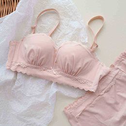 Bras Sets -colored sweet girl underwear soft waxy skin-friendly small breasts gathered on top of the sweet lace bra panty set T220907