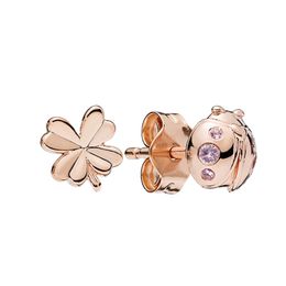 Rose Gold Clover and Ladybird Stud Earrings Cute Party Jewellery For Women Girls with Original Retail Box for Pandora 925 Sterling Silver Earring Set