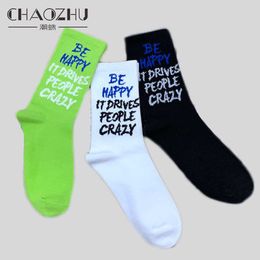 Men's Socks CHAOZHU New Men's Fashion Funny Words Be Happy It Drives People Crazy English Stretch Casual Male Socks Winter Fall Cotton Knit T221011