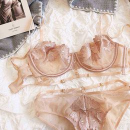 Bras Sets Wriufred Ultra-thin lingerie panty embroidered gauze straps big breasts small soft steel rings gathered underwear set sexy bra T220907