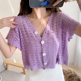 Women's Blouses Korean Vintage Crochet Summer Lace Shirt Women 2022 Short Sleeve Buttons V-Neck Hollow Out Cardigan Crop Tops