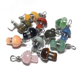 Natural Crystal Stone Charms Copper Wire Wrap Mushroom Pendant Quartz Agates DIY Necklaces Meditation Energy Jewelry Acc