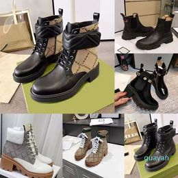 Boots Letters Fashion Slip-On Leather Lace-Up Winter Chunky Heel Black Pattern