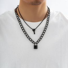 Pendant Necklaces Punk Black Thick Chian With Lock And Key Pendants Necklace Men Trendy Layered Chain Chunky On Neck 2022 Fashion Jewellery