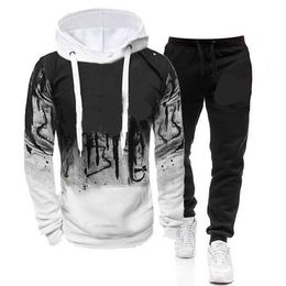 Men's Tracksuits Autumn Winter Outdoor Sports and Leisure Sets Pullover Splash Ink Printing To Map Custom Hooded Sweatershirt piece Set G221011