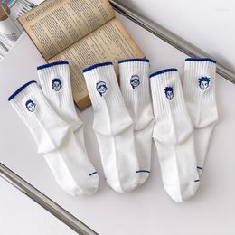 Men's Socks Fashion Blue Embroidery Cartoon Boys Girls Pattern White Cotton Colleges Style Harajuku Calceines