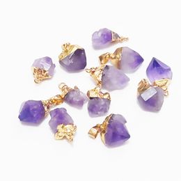 Gold Plating Natural Stone Irregular Pendant Amethyst Crystal Charms for Women Jewellery