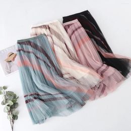 Skirts Summer Fresh Printed Mesh Pleated Skirt High Waist Thin Versatile Medium Length Women Large On Both Sides