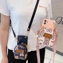 Luxury cases Wallet cute bear lipstick card bag lanyard silicone phone case for iphone 14 Pro Max 11 12 13Pro Max Xs Xr X 7 8plus Se cover