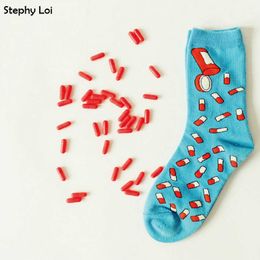 Men's Socks Cute Men/Women Cotton Crew Socks Funny Pill Pattern Novelty Couple Art Harajuku Hip Hop Skate Designer Brand Fuzzy Funky Gift T221011