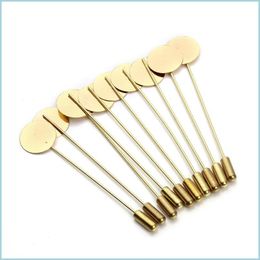 Pins Brooches Wholesale- 20Pcs/Lot 7.3Cm Gold Plated Safety Pin Brooches Base With Flat Tip Pad Stopper For Women Diy Jewellery Suppl Dhbct