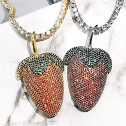 Pendant Necklaces Iced Out Bling Strawberry Pendants Hip Hop Micro Paved Cubic Zirconia Necklace For Men Women Gifts