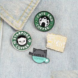 Pins Brooches Cats Coffee Enamel Pin Custom Pug Puppy Cat Cafe Brooches Badges Bag Shirt Lapel Buckle Cute Animal Jewellery Gift For Dhqab