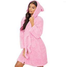 Women's Sleepwear Women Long Sleeve Hooded Night-robe Solid Colour Fashion Double-sided Plush Loungewear For Ladies