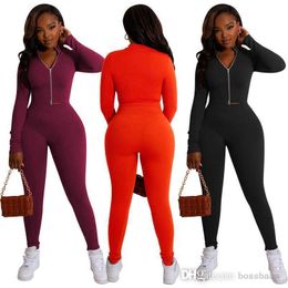 Womens Fitness Tracksuits New Solid Double Zipper Pit Strip Two Piece Sportswear Fall Winter Jogger Set