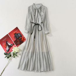 Casual Dresses High Quality Nice Runway Designer Women's Retro Scarf Bow Collar 3/4 Lantern Sleeve Polka Dot Print Mid-Calf Dress