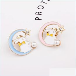 Pins Brooches Cartoon Animal Pink Blue Rabbits Brooch Fashion Bunny Badge Enamel Alloy Star Moon Shirt Pins Womens Jewelry Kids Gif Dhelw