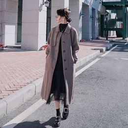 Women's Wool Winter Women's Woollen Coat Long Brown Loose Korean Plaid Stitching Fashion Single Breasted High Quality Thick Jacket Female