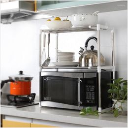 Hooks Kictchen Stainless Steel Adjustable Multifunctional Microwave Oven Shelf Rack Standing Type Double Kitchen Storage Holders