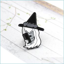 Pins Brooches Classic Witch Image Brooch Basic With Phone And Flower Crown Enamel Pin Denim Backpack T-Shirt Badge Halloween Punk G Dhkbn