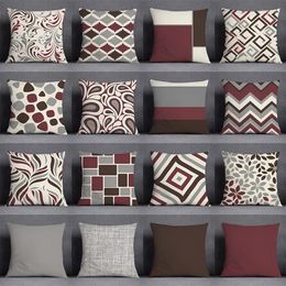 Pillow Dark Red Color Geometric Pattern Square Pillowcase Living Room Decorative Covers Home Office Sofa Cover 45x45cm
