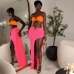 Work Dresses Sexy Women 2 Piece Irregular Slit Skirts Sets Slim Strapless Tops Long Bodycon Patchwork Two Outfits Party Suits